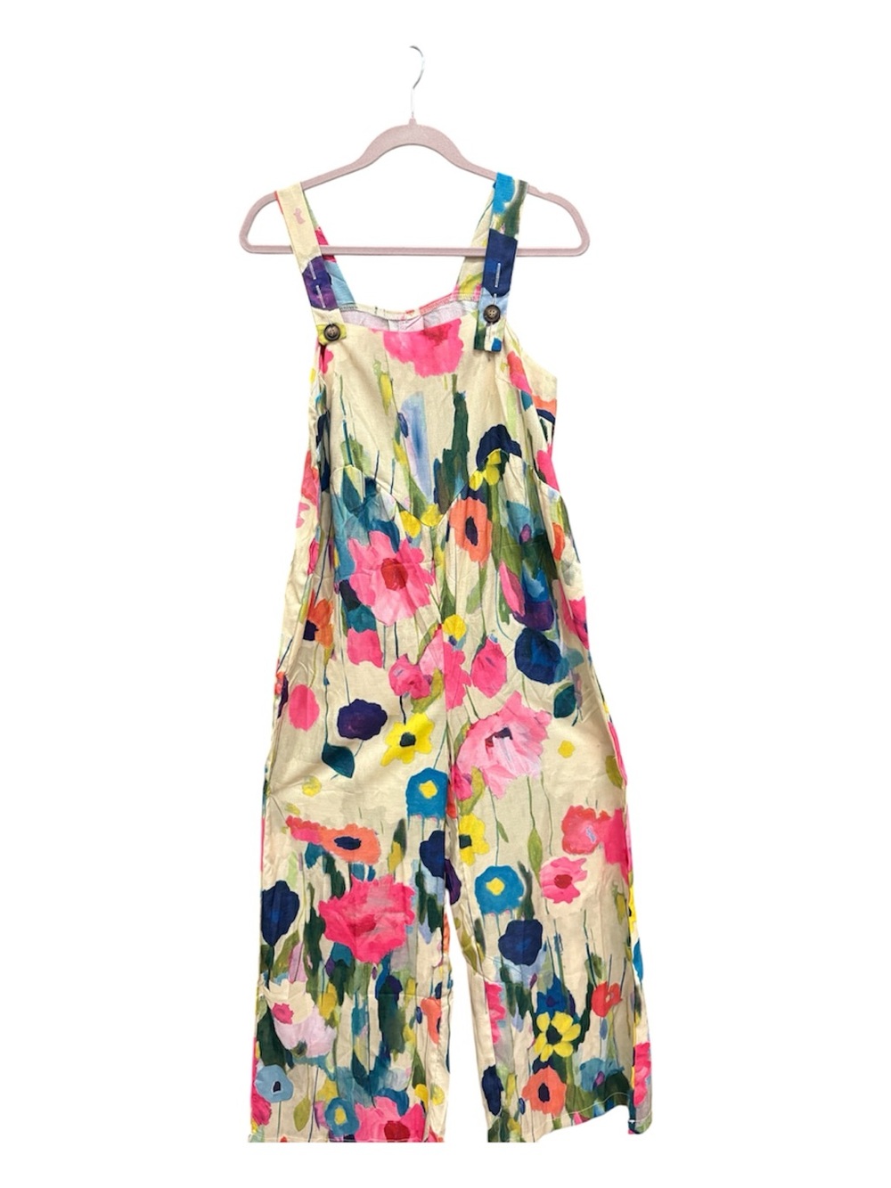 SHEIN Cream Floral Wide-Leg Jumpsuit with Pink Blue Yellow Flowers